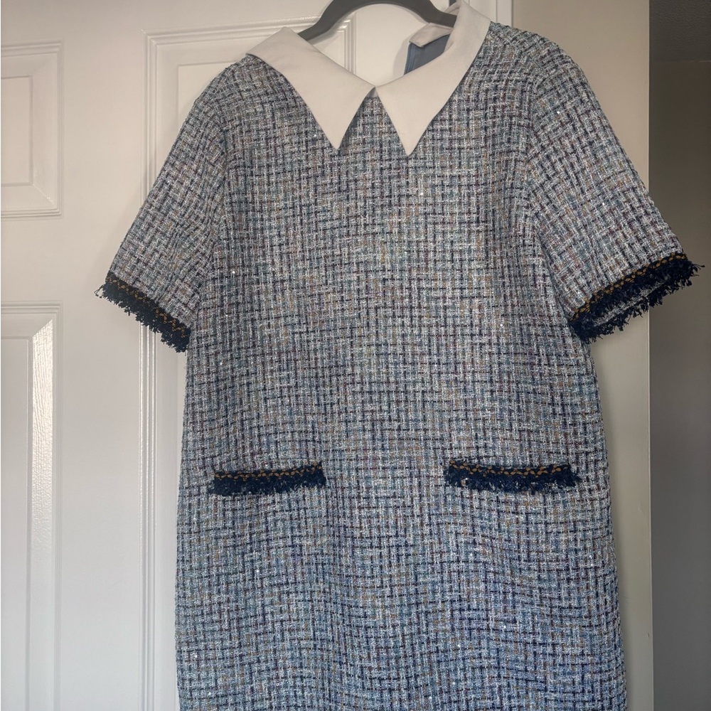 Blue Tweed Dress with White Peter Pan Collar